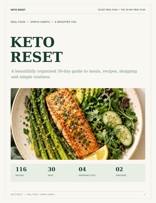 KETO RESET 30-day keto meal plan digital PDF cover with salmon meal