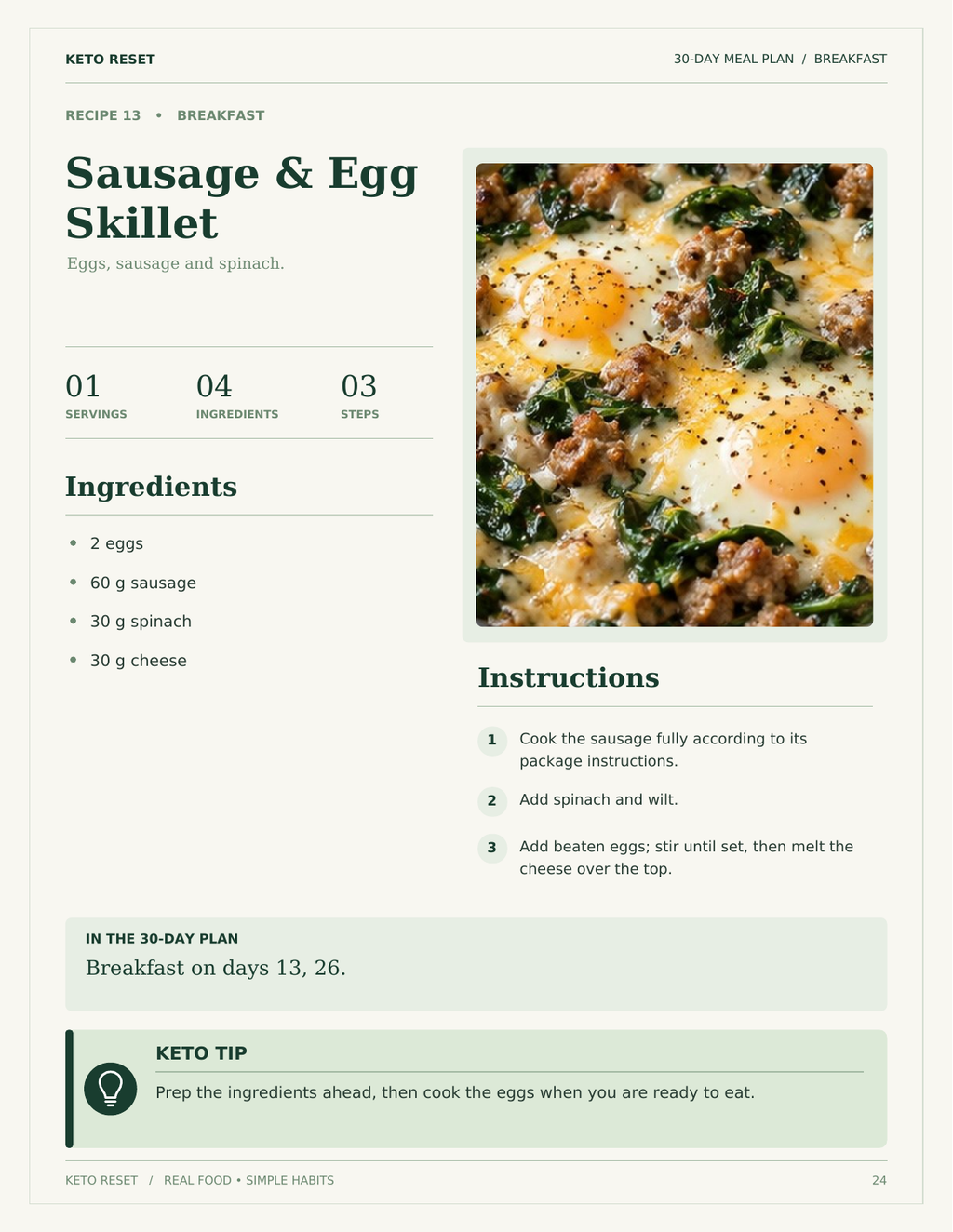 KETO RESET recipe page with ingredients, instructions, and keto tip